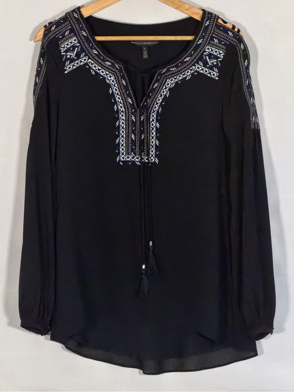 White House Black Market Black Embroidered Tassel Tie V-Neck Blouse Size 0